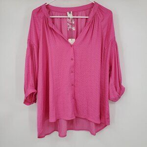 NWT Flawless Pink Dotted 3/4 Sleeve Button Front Women's Puff Sleeve Shirt Mediu